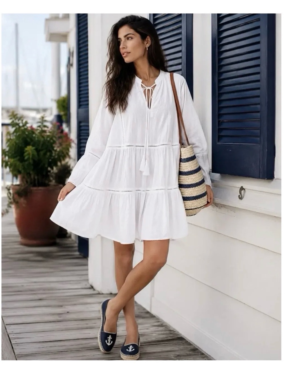 Seafolly White Textured Drawstring Long Sleeve Dress